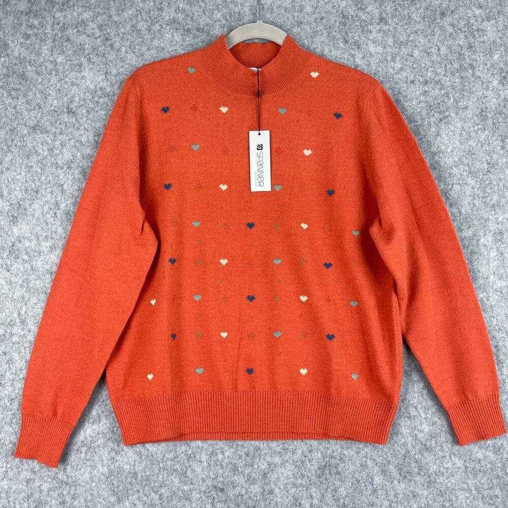 Spanner Sweater Womens XL Orange Crystal Heart Beaded Mock Neck‎ Stretch NWT